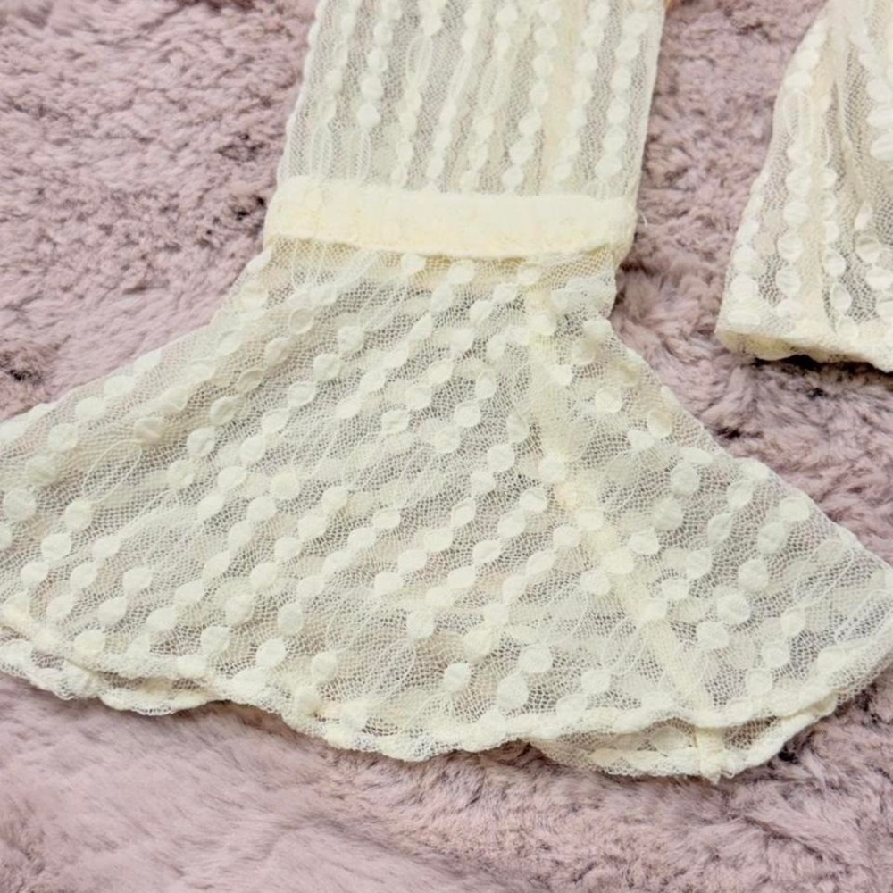 Sheer Lace Coquette Blouse Ivory Mesh Balletcore Ribbon Top‎ Womens S - Picture 6 of 8